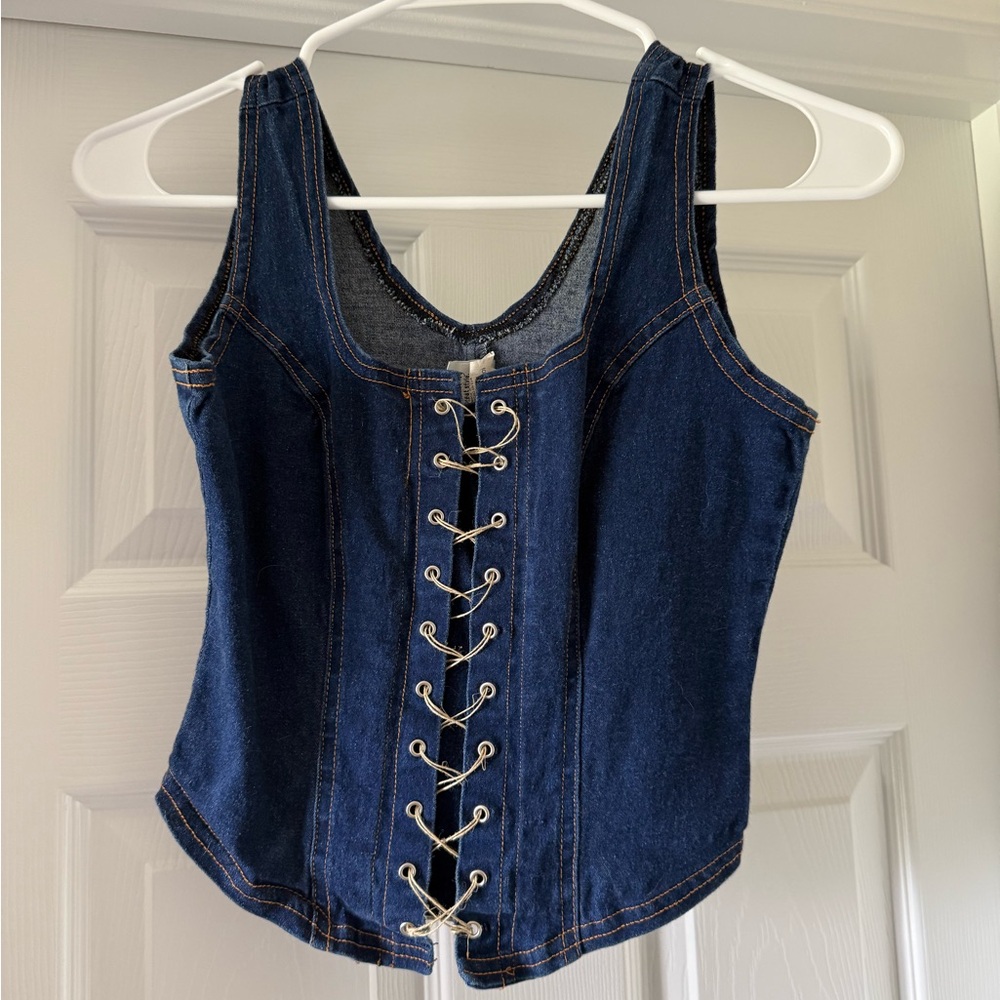Denim Lace-Up Tank Top - Navy Blue
